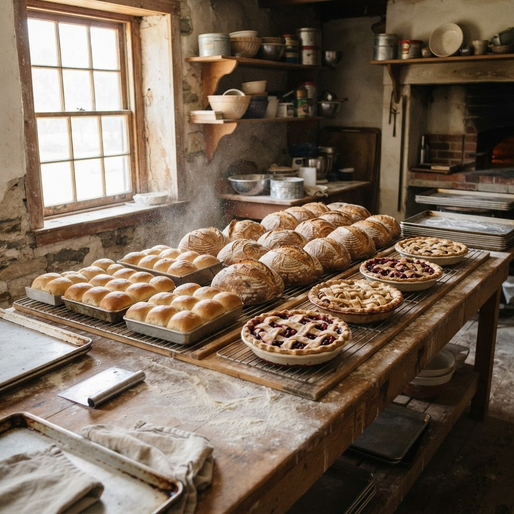 Loaves of homemade bread, rolls and fruit pies cooling on wooden racks