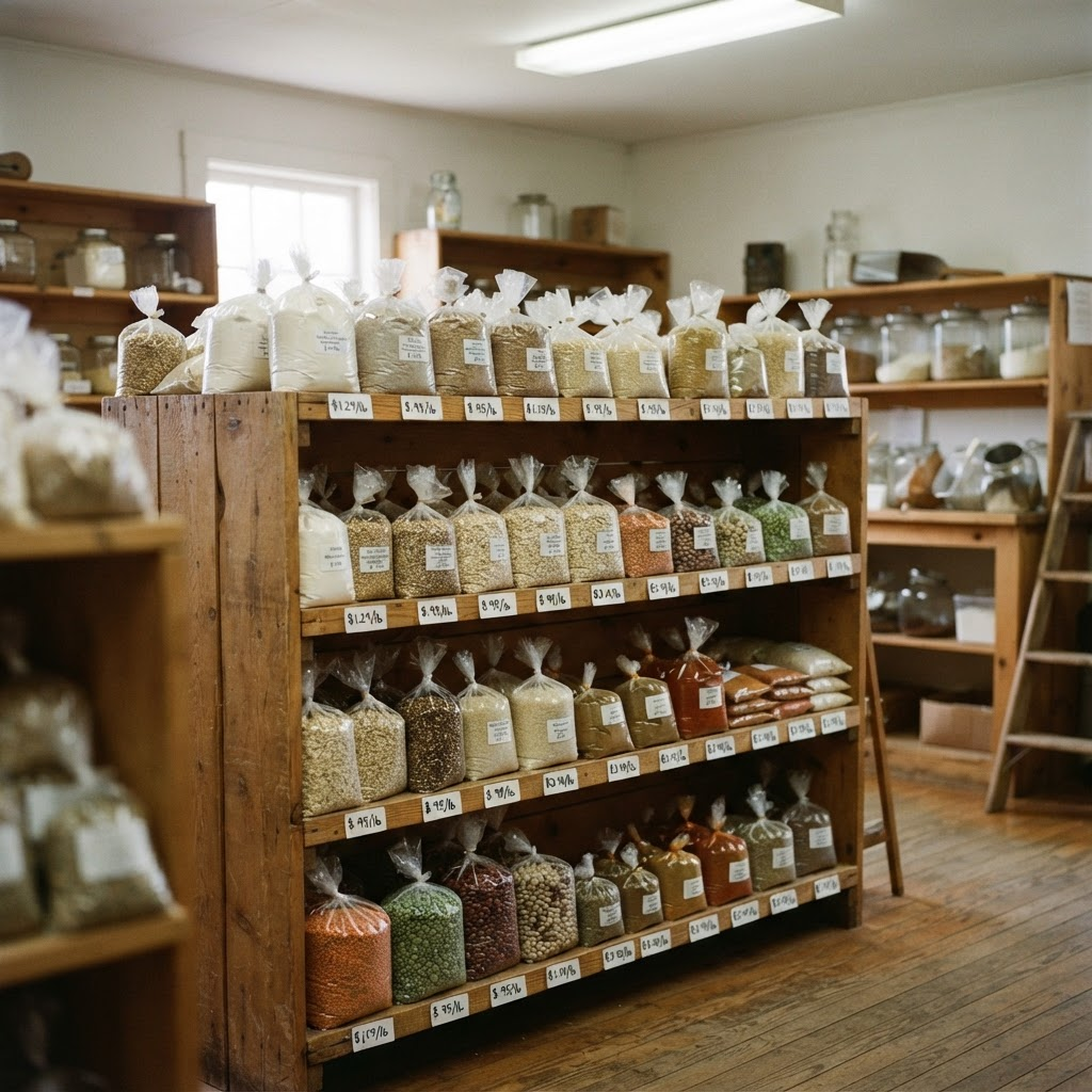 Wooden shelves of bagged flour, beans, oats and spices in a country bulk food store