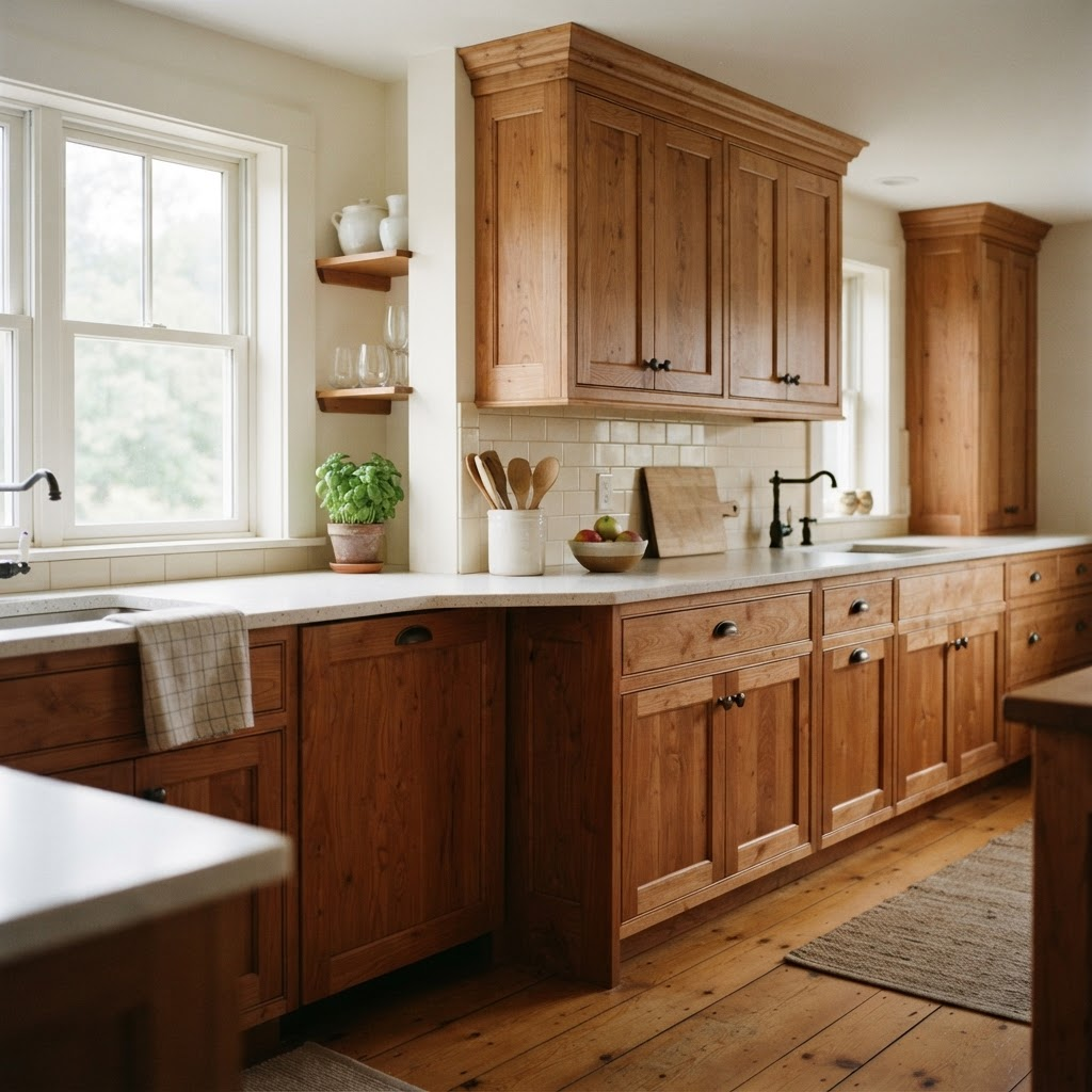 Handmade cherry kitchen cabinets with raised panel doors