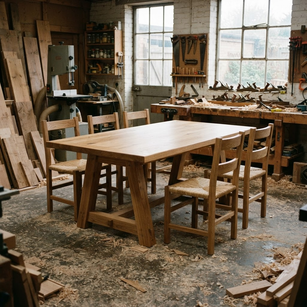 Handmade solid oak trestle dining table and chairs inside a woodshop