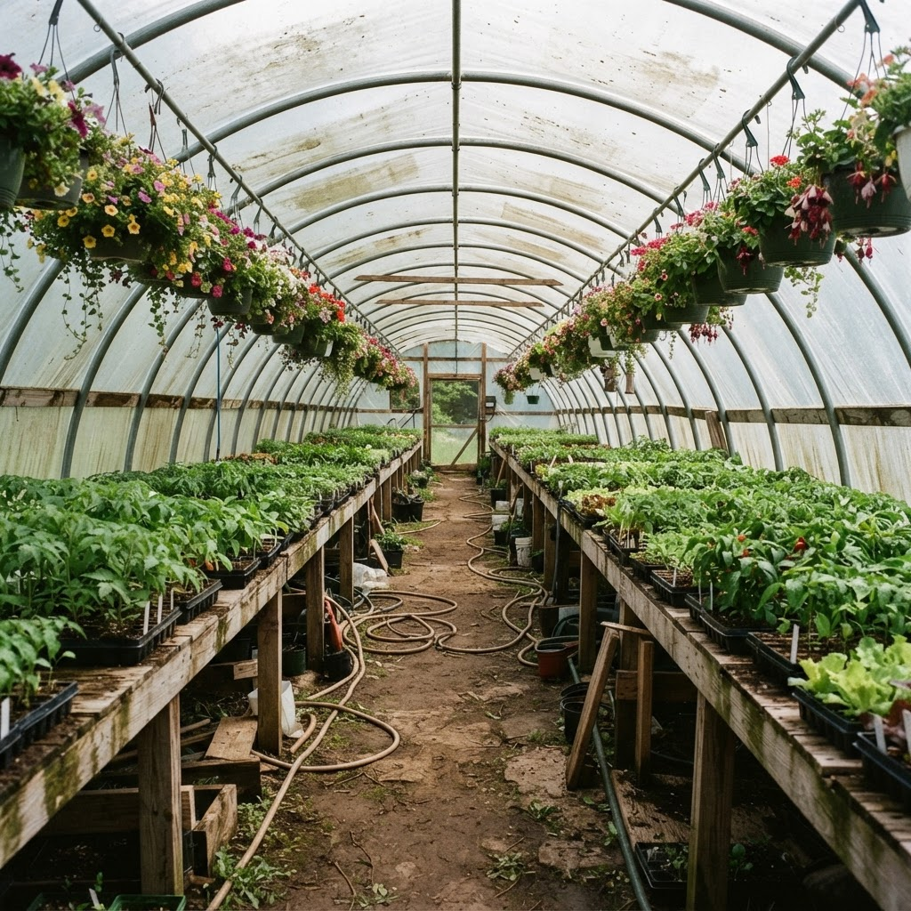 Interior of a greenhouse full of vegetable seedlings and hanging flower baskets
