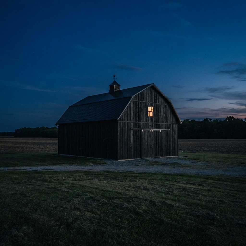 Black board and batten barn with a metal roof standing in an Indiana field at dusk