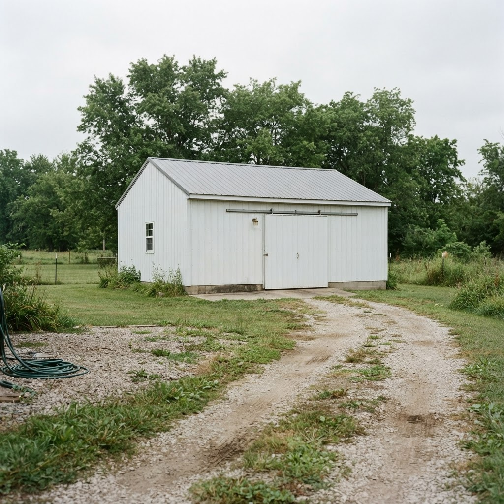 Modest white post frame garage building with a gray metal roof and one sliding door in Adams County, Indiana