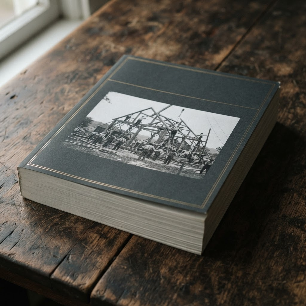 The printed Barn Journal annual lying on a dark wood table, showing a photograph of a barn raising on its cover