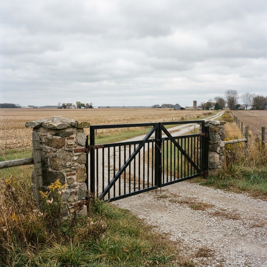 Finished black welded steel farm gate hung on a stone pillar at a rural driveway entrance in Wayne County, Indiana