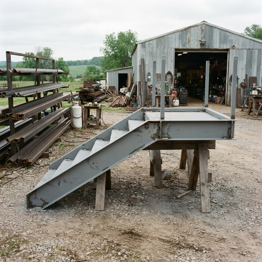 Fabricated steel stair stringer and landing frame primed in gray, staged on sawhorses outside a rural welding shop