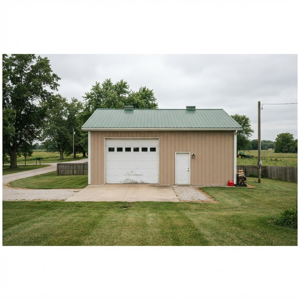 Post frame garage and workshop with tan board and batten steel siding, a green metal roof, and one white overhead door