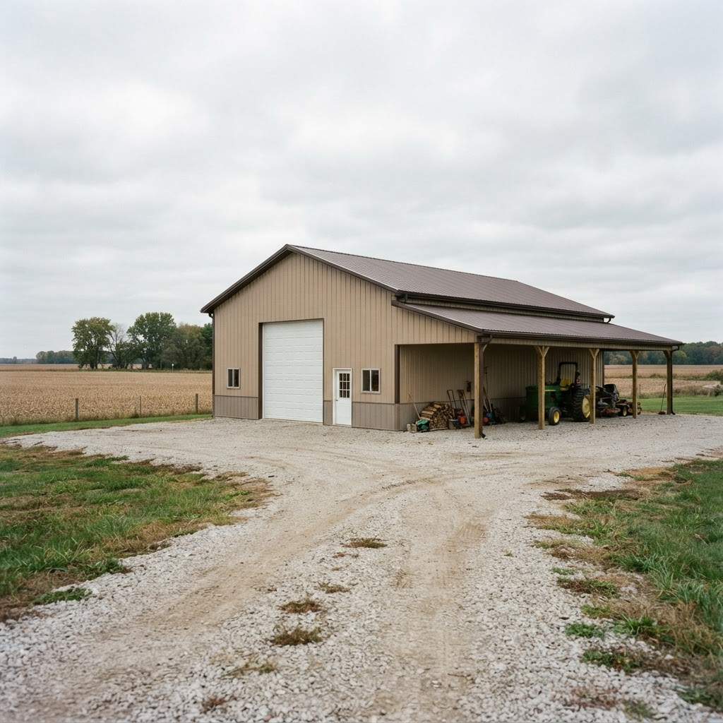 Finished 40 by 60 foot post frame pole building with tan steel siding and an open lean to shelter along one side in Wayne County, Indiana