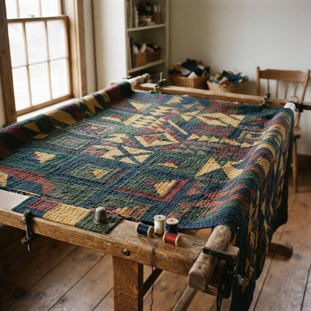 Hand stitched patchwork quilt stretched over a wooden quilting frame