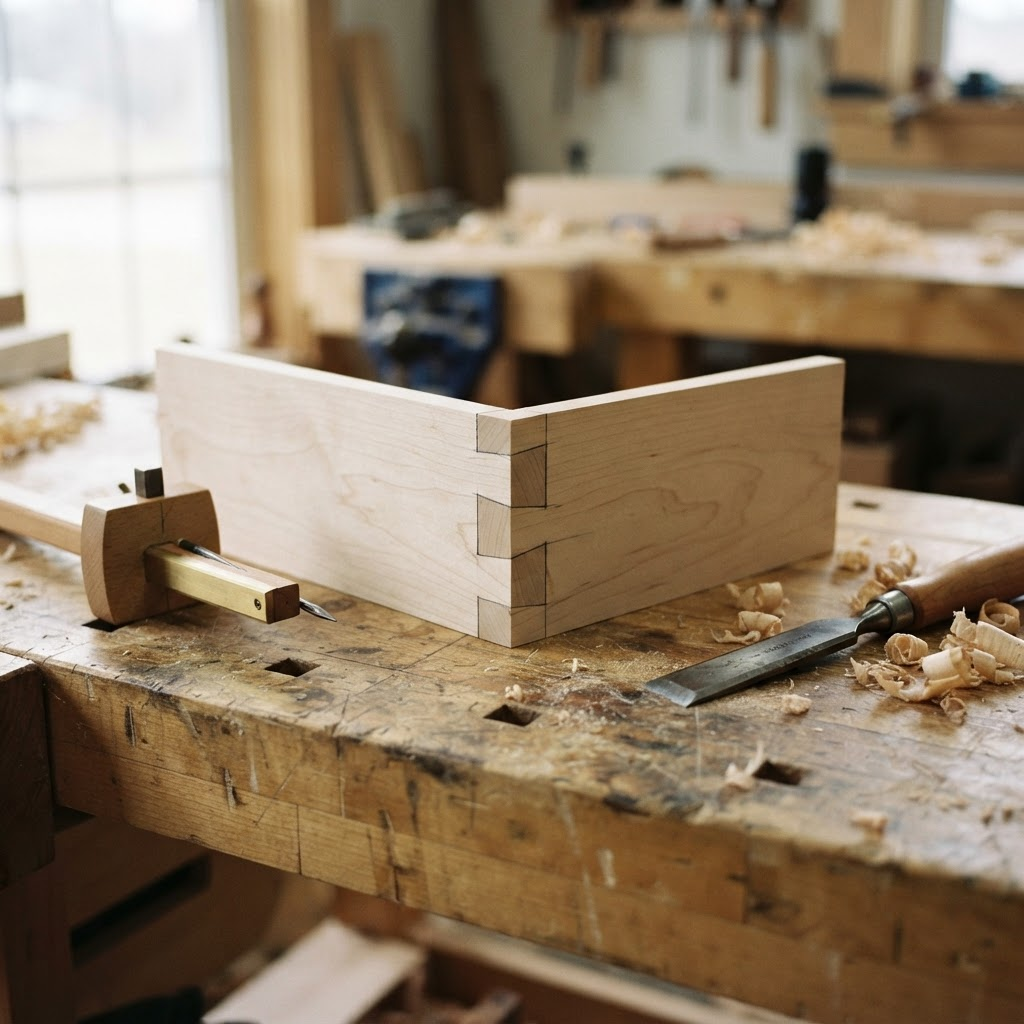 Close view of a hand cut dovetail joint on a maple drawer box beside a marking gauge and chisel on a workbench